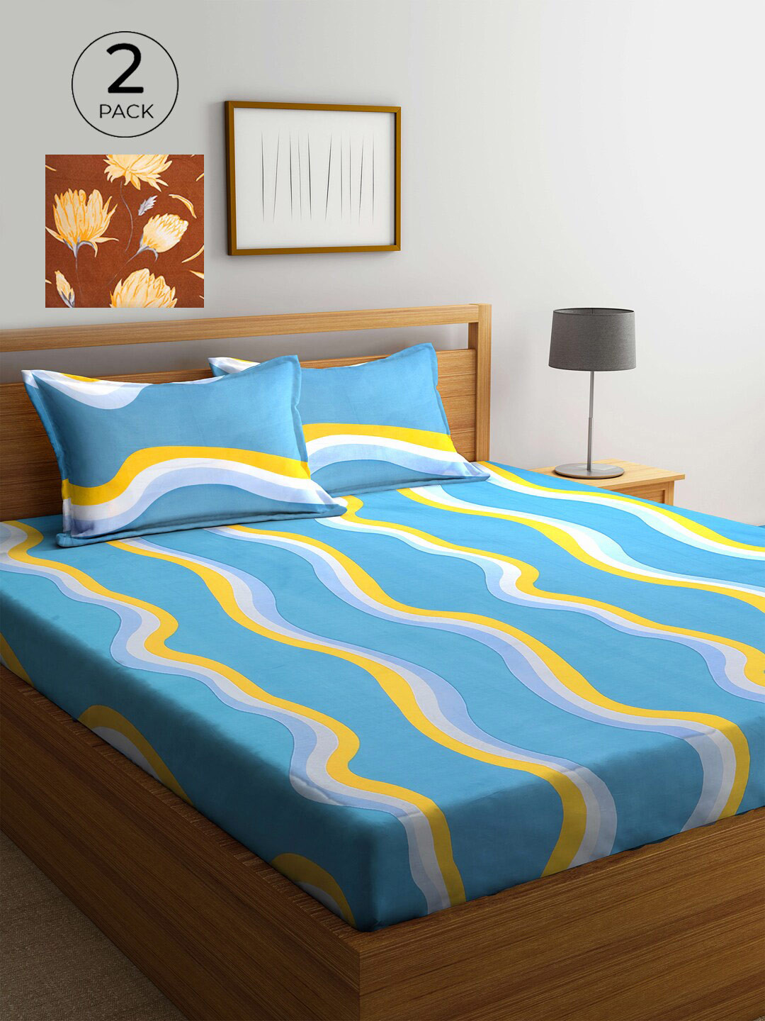 

KLOTTHE Blue & Yellow 210 TC 2 King Bedsheet with 4 Pillow Covers