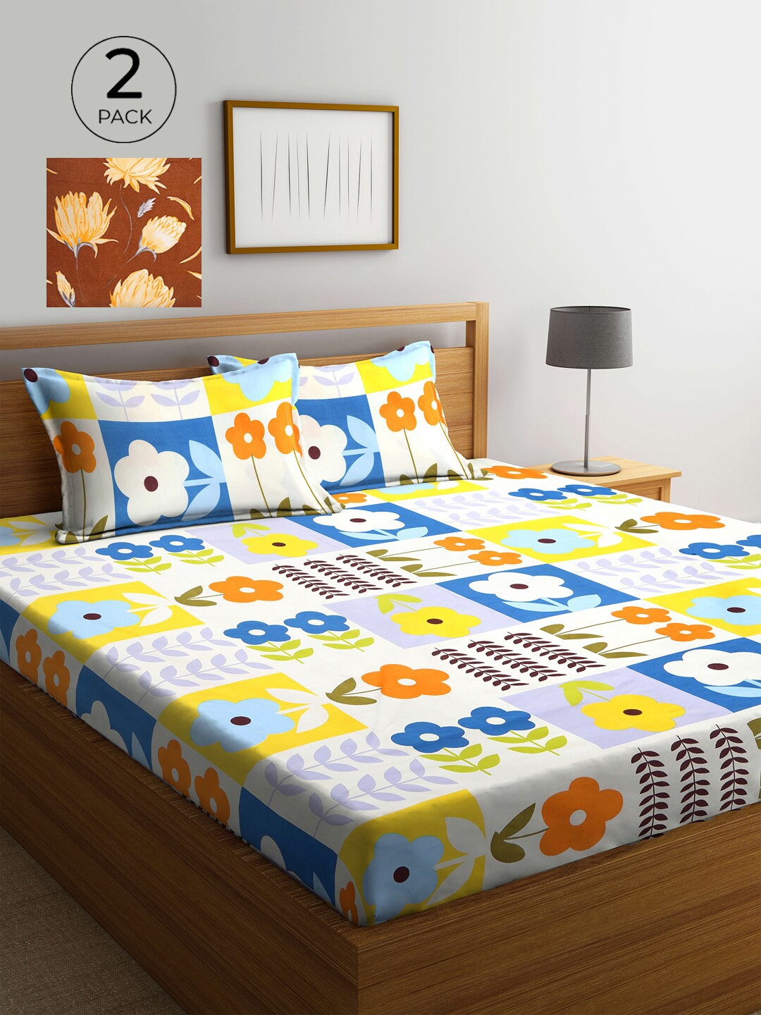 

KLOTTHE Brown & Peach-Coloured Floral 210 TC 2 King Bedsheet with 4 Pillow Covers