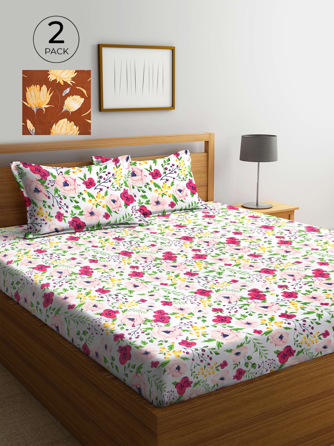 

KLOTTHE Cream-Coloured & Pink Floral 210 TC 2 King Bedsheet with 4 Pillow Covers