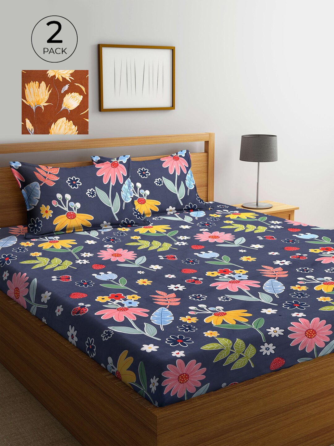 

KLOTTHE Brown & Yellow Floral 210 TC 2 King Bedsheet with 4 Pillow Covers