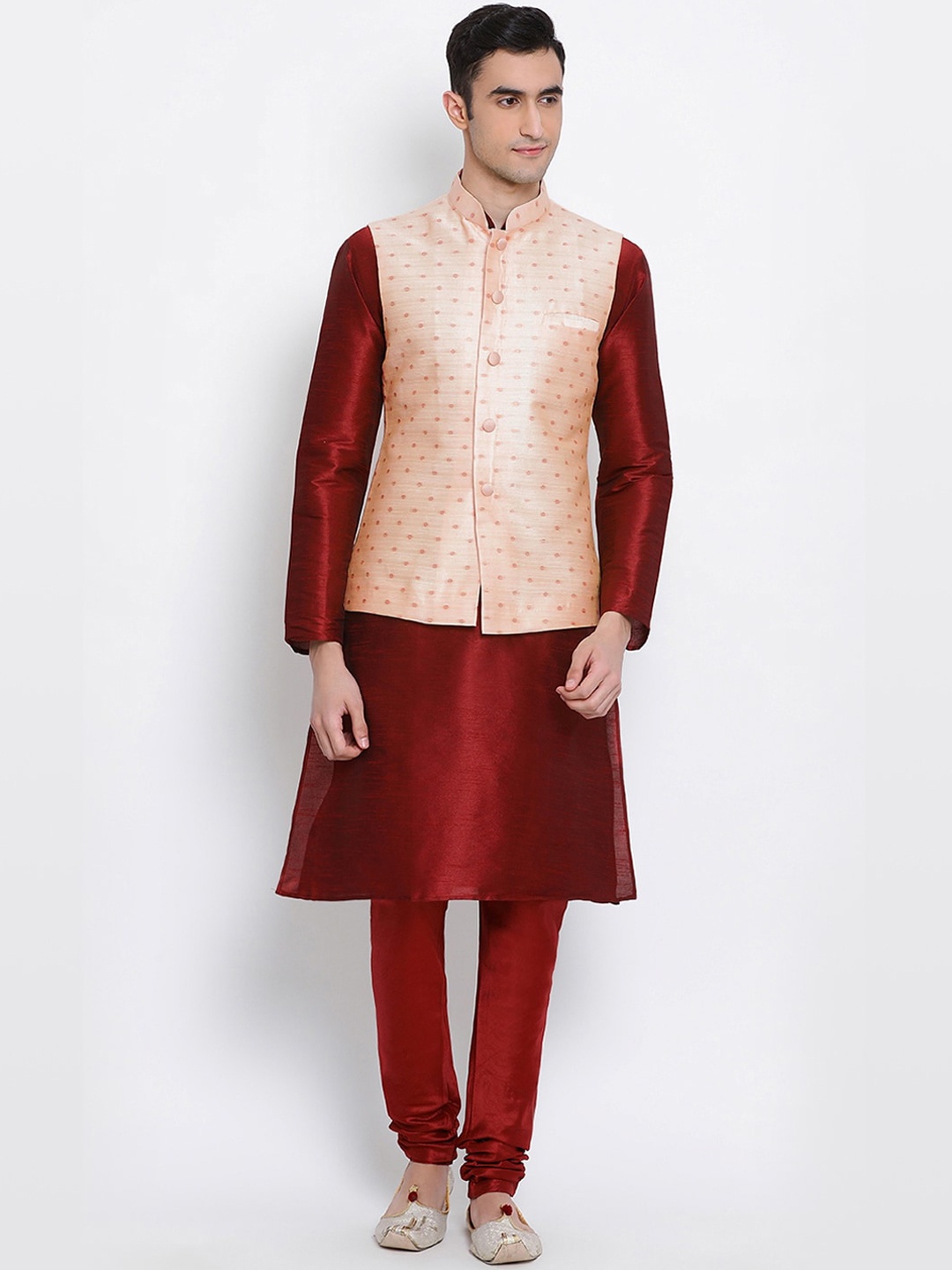 

Sanwara Men Maroon Art Silk Kurta & Churidar With Woven Design Nehru Jacket Set