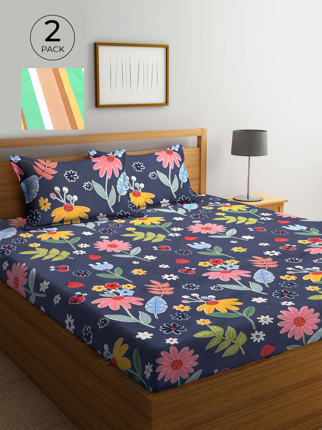 

KLOTTHE Multi Floral 210 TC Polycotton 2 Double Bedsheet with 4 Pillow Covers