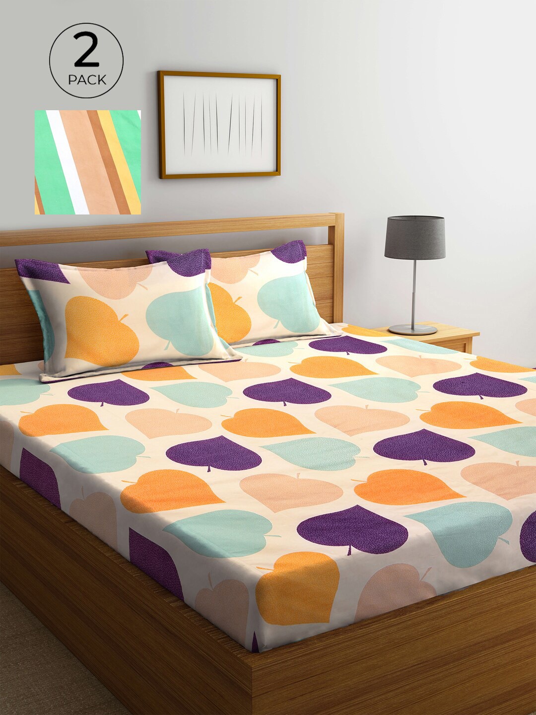 

KLOTTHE Peach-Coloured & Green 210 TC 2 King Bedsheet with 4 Pillow Covers