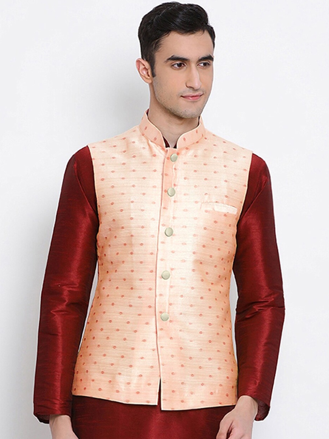 

Sanwara Men Peach Woven Design Nehru Jacket