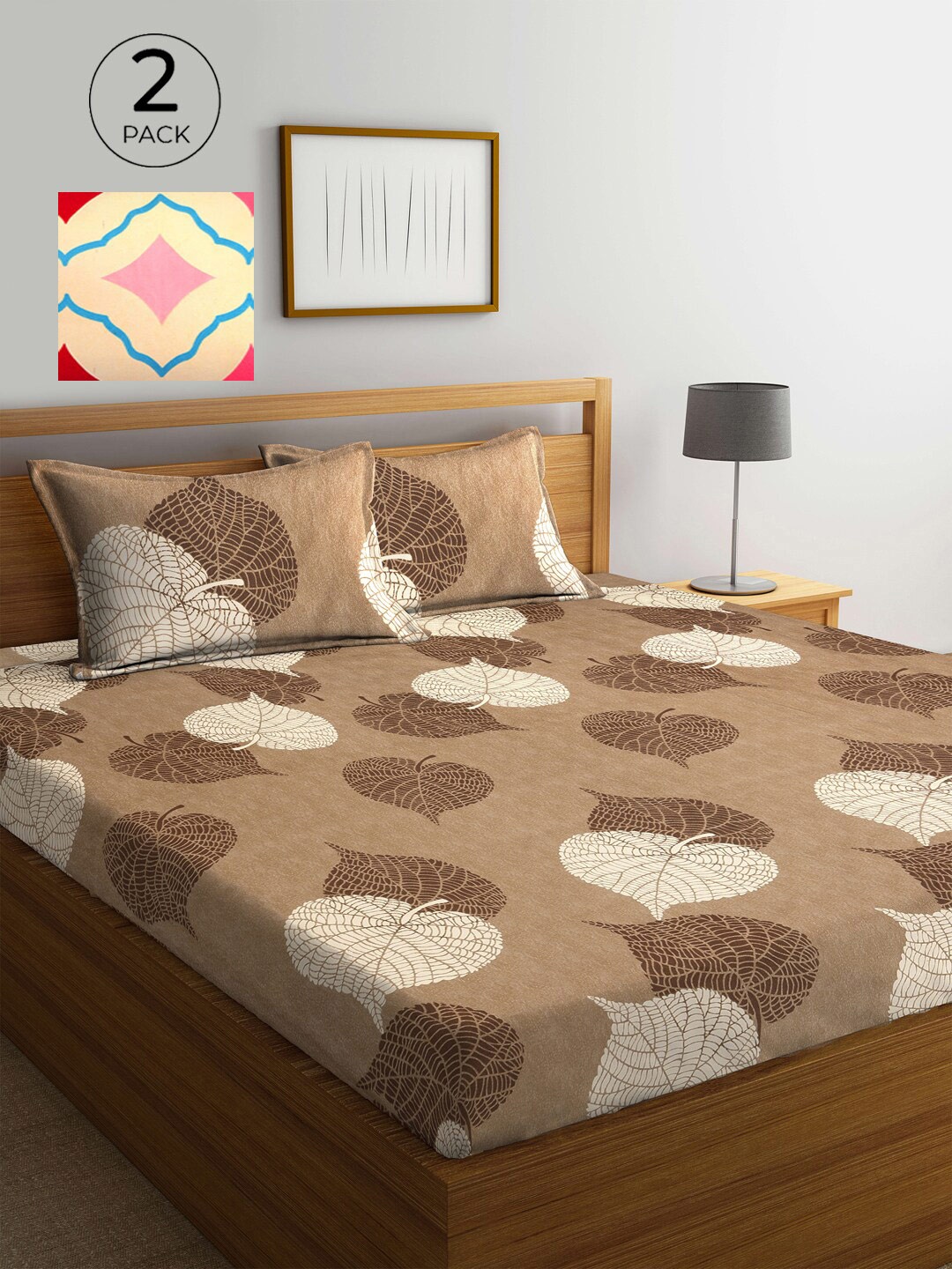 

KLOTTHE Brown & Cream-Coloured Floral 210 TC 2 King Bedsheet with 4 Pillow Covers