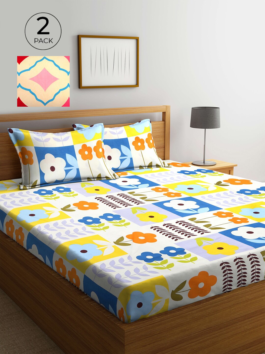 

KLOTTHE Blue & Cream Geometric 210 TC 2 King Bedsheet with 4 Pillow Covers