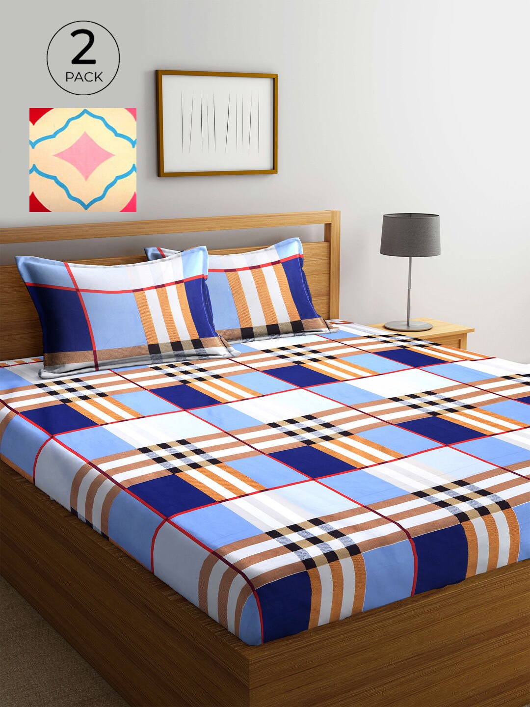 

KLOTTHE Navy Blue & Peach-Coloured Geometric 210 TC 2 King Bedsheet with 4 Pillow Covers