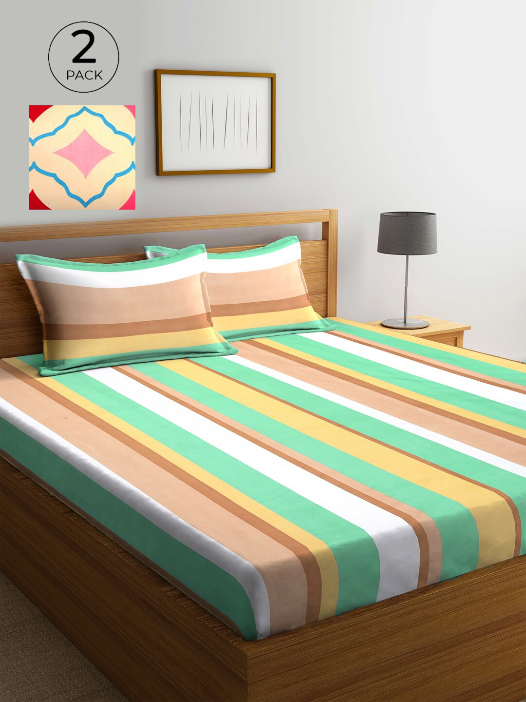 

KLOTTHE Green & Peach-Coloured Striped 210 TC 2 King Bedsheet with 4 Pillow Covers