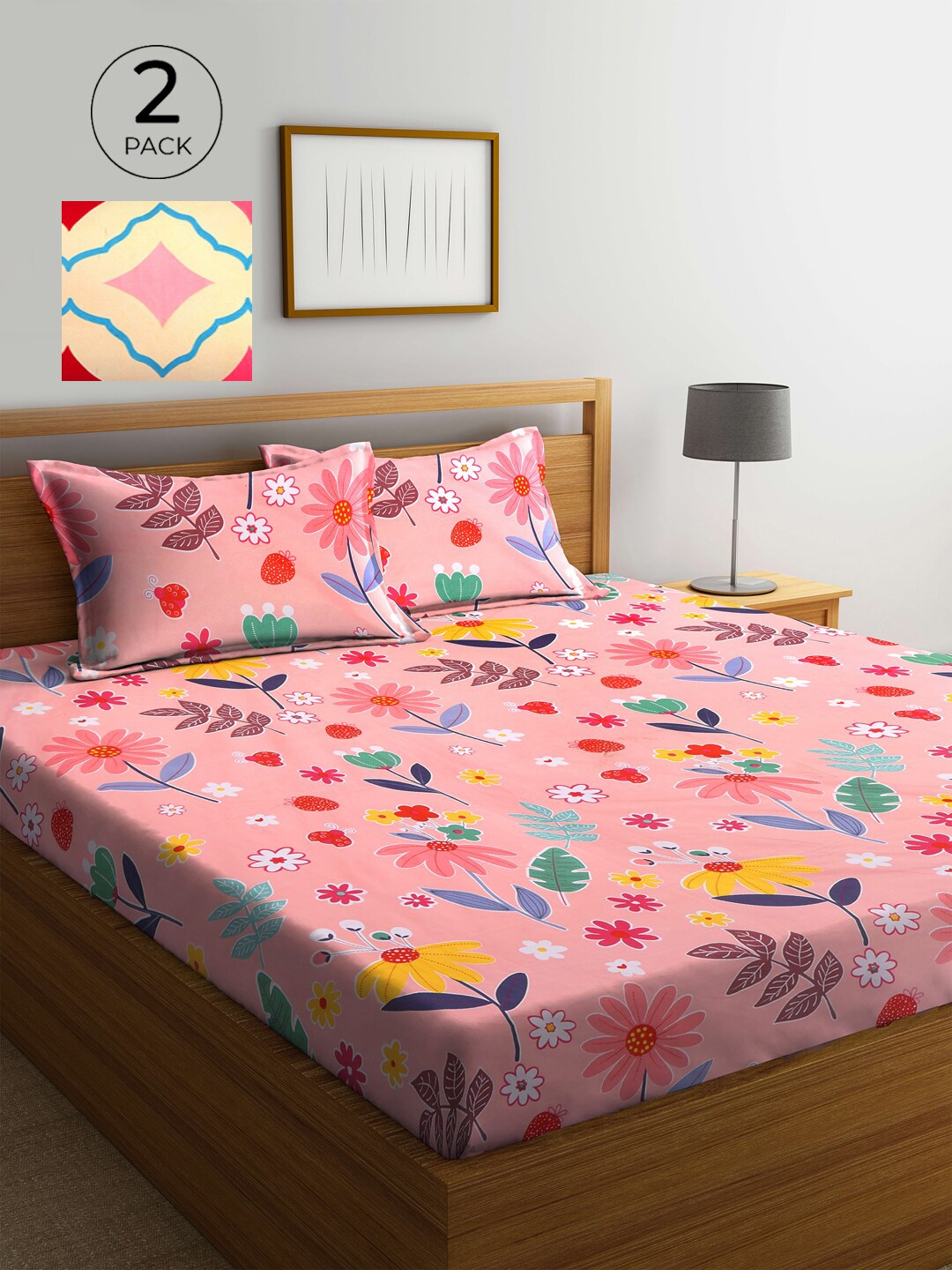 

KLOTTHE Pink & Peach-Coloured Floral 210 TC 2 King Bedsheet with 4 Pillow Covers