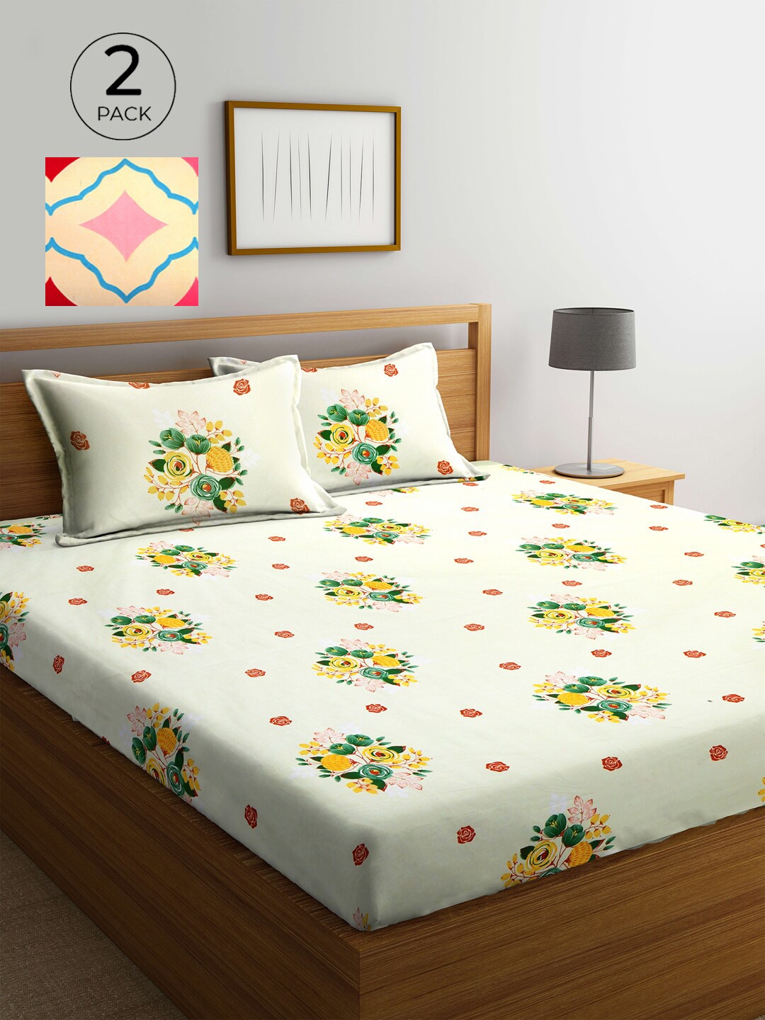 

KLOTTHE White & Peach-Coloured Floral 210 TC 2 Double Bedsheet with 4 Pillow Covers, Cream