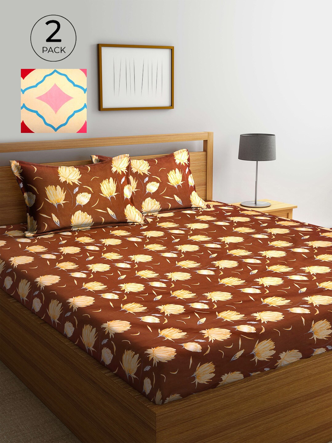

KLOTTHE Brown & Peach-Coloured Floral 210 TC 2 King Bedsheet with 4 Pillow Covers