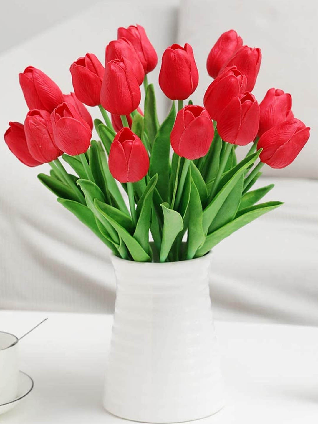 

TIED RIBBONS Set Of 5 Red & Green Artificial Tulip Silk Flowers Sticks
