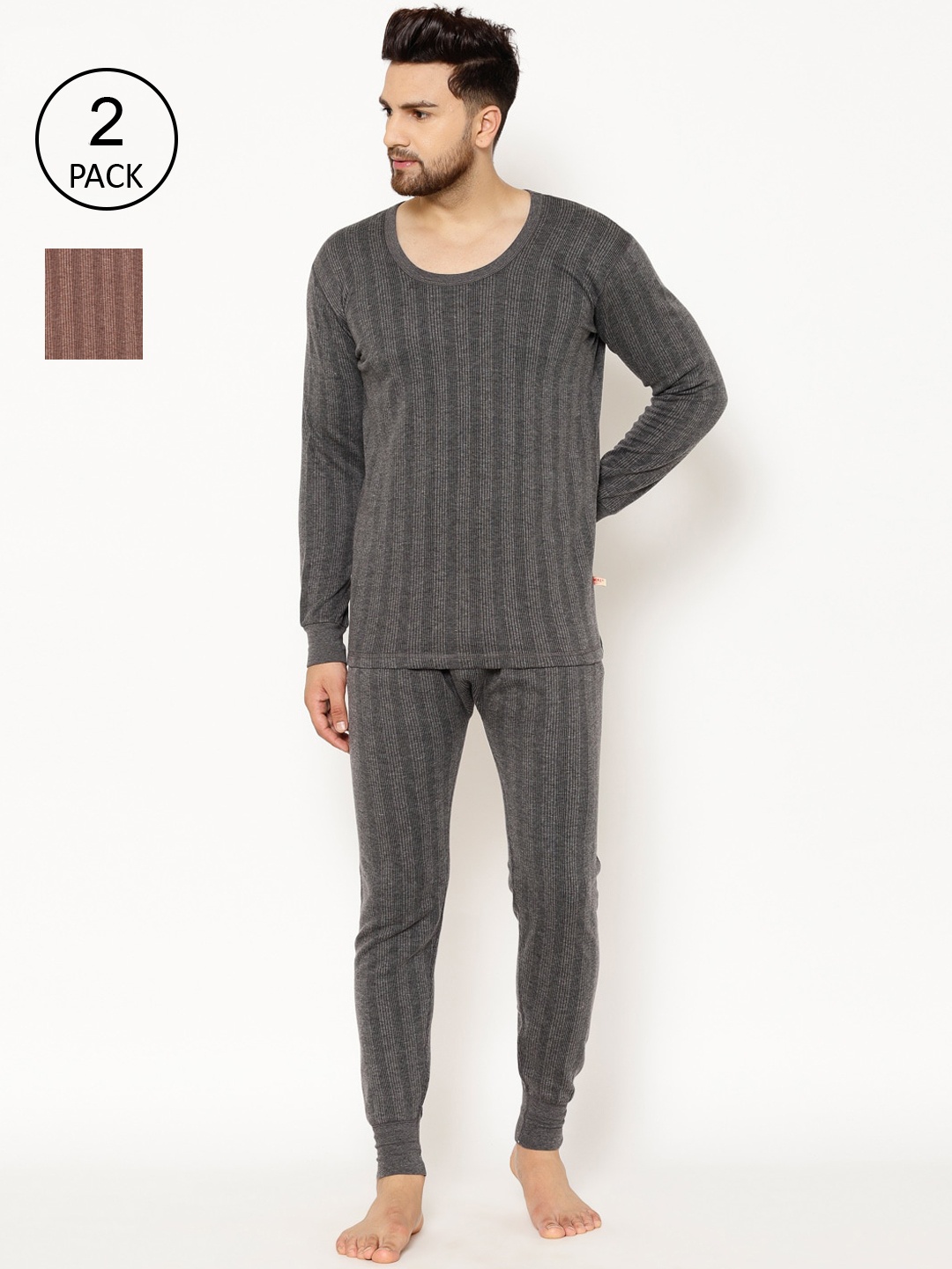 

VIMAL JONNEY Men Pack Of 2 Striped Thermals, Black