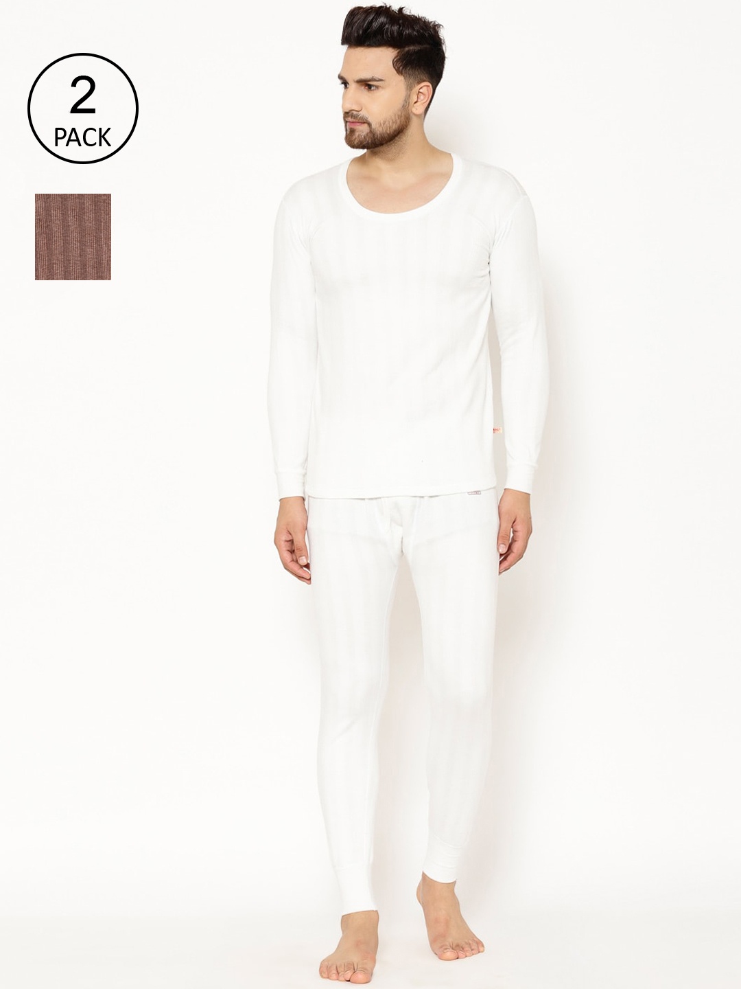 

VIMAL JONNEY Men Pack Of 2 Striped Thermal Set, White