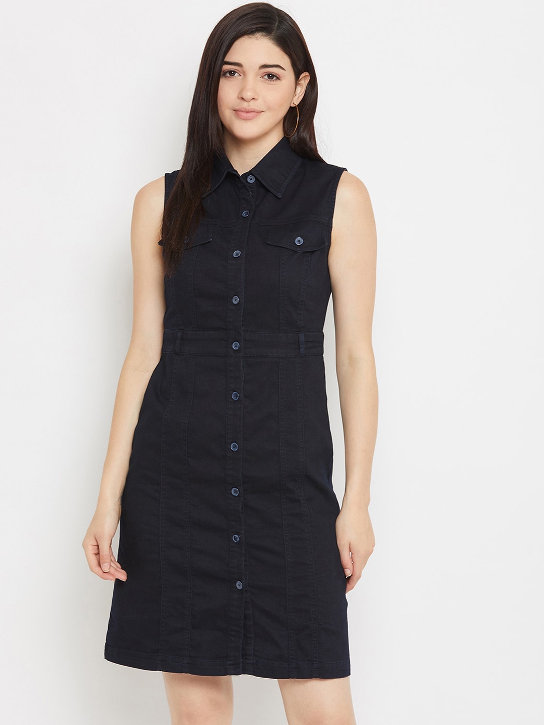 

Madame Navy Blue Solid Shirt Dress