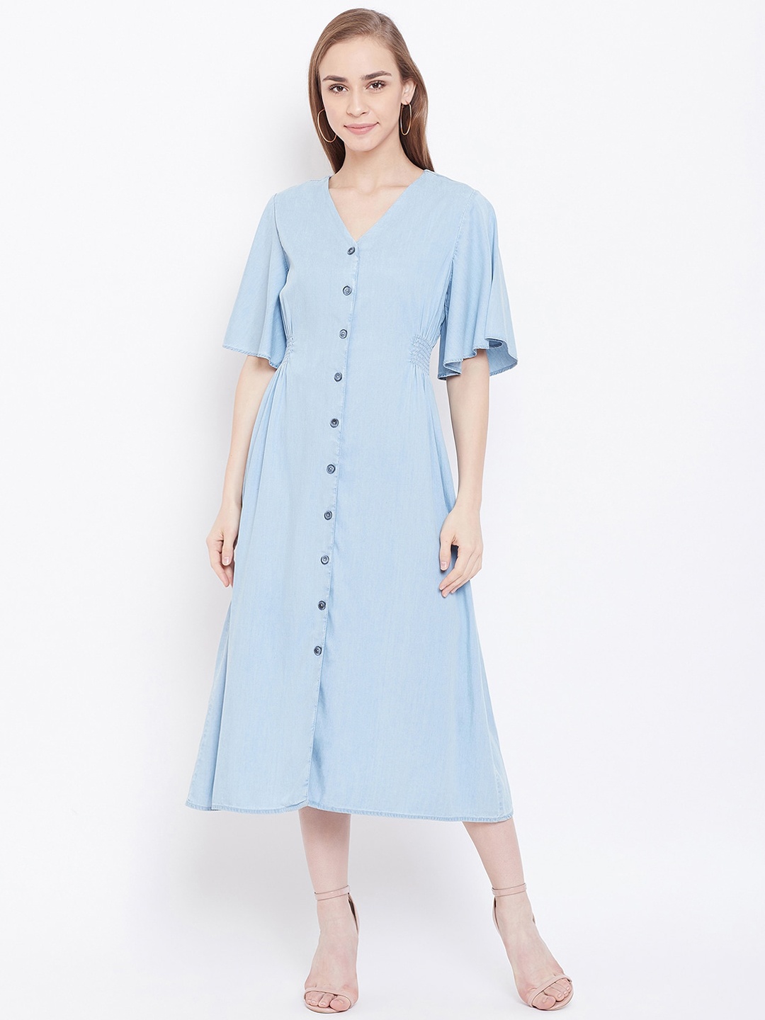 

Madame Blue Smocked Denim A-Line Midi Dress