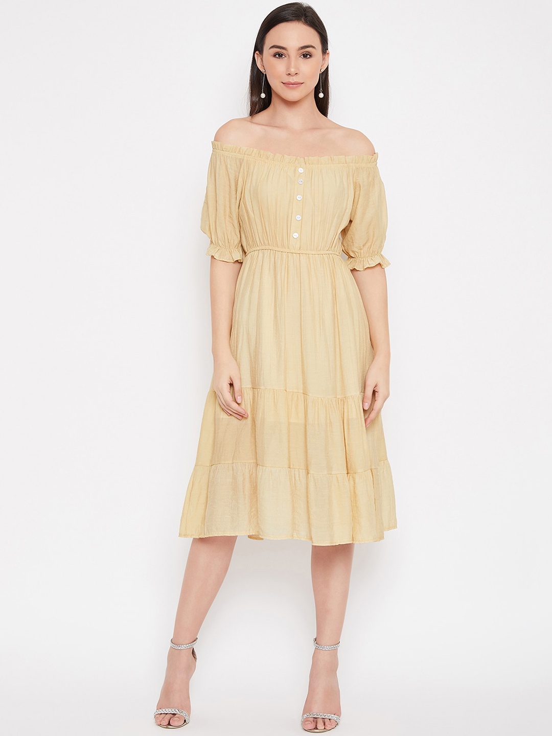 

Madame Yellow Solid Off-Shoulder Dress