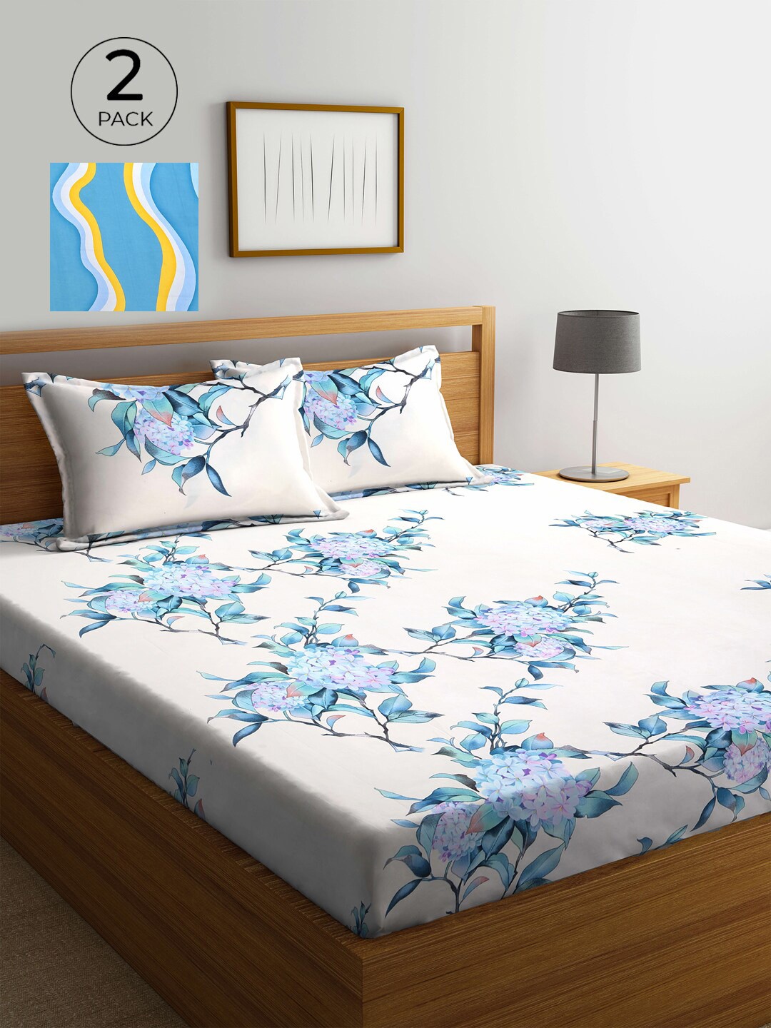 

KLOTTHE White & Turquoise Blue 210 TC 2 King Bedsheet with 4 Pillow Covers