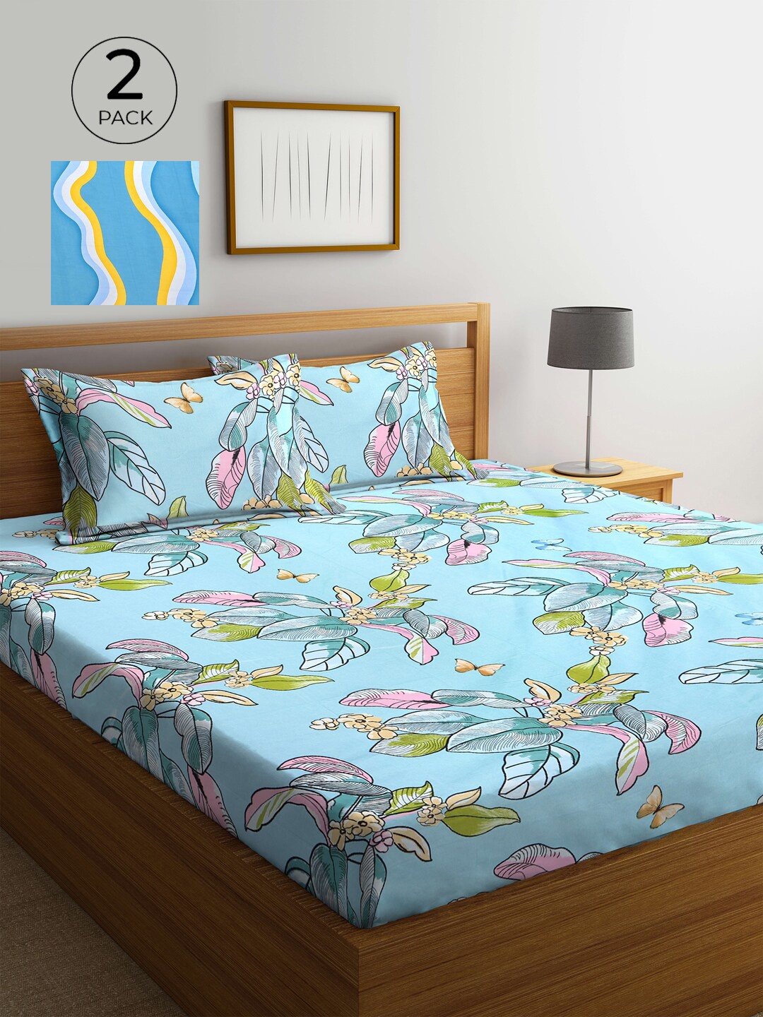 

KLOTTHE Turquoise Blue & Pink 210 TC 2 King Bedsheet with 4 Pillow Covers