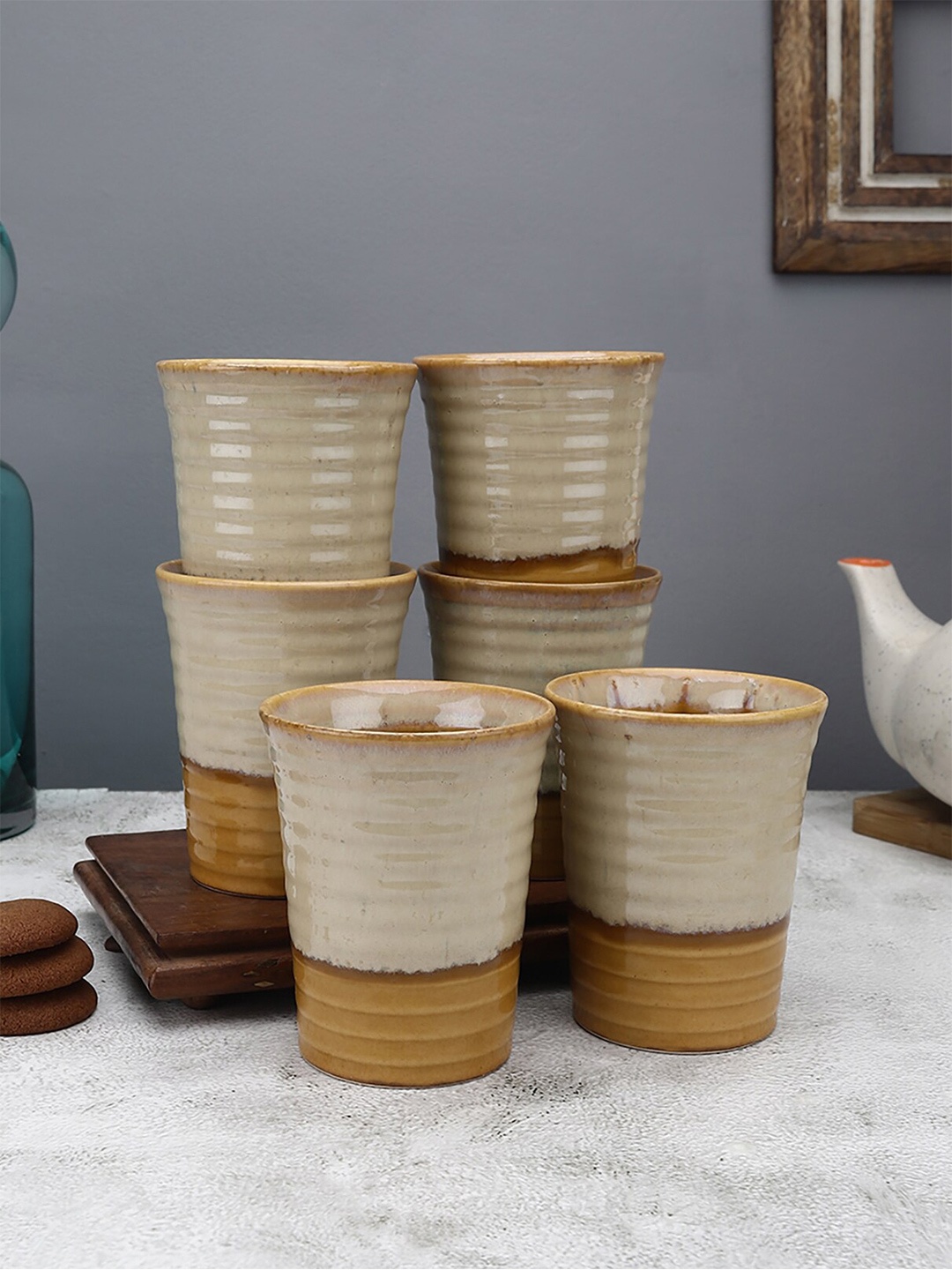 

MIAH Decor Brown & Beige Set of 6 Handcrafted Textured Ceramic Glossy Kulladhs Set