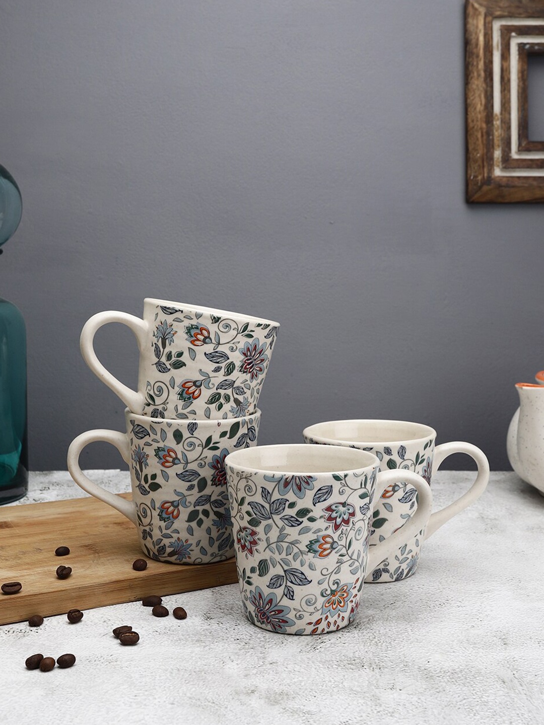 

MIAH Decor White & Green Set Of 4 Handcrafted Printed Stoneware Matte Mugs