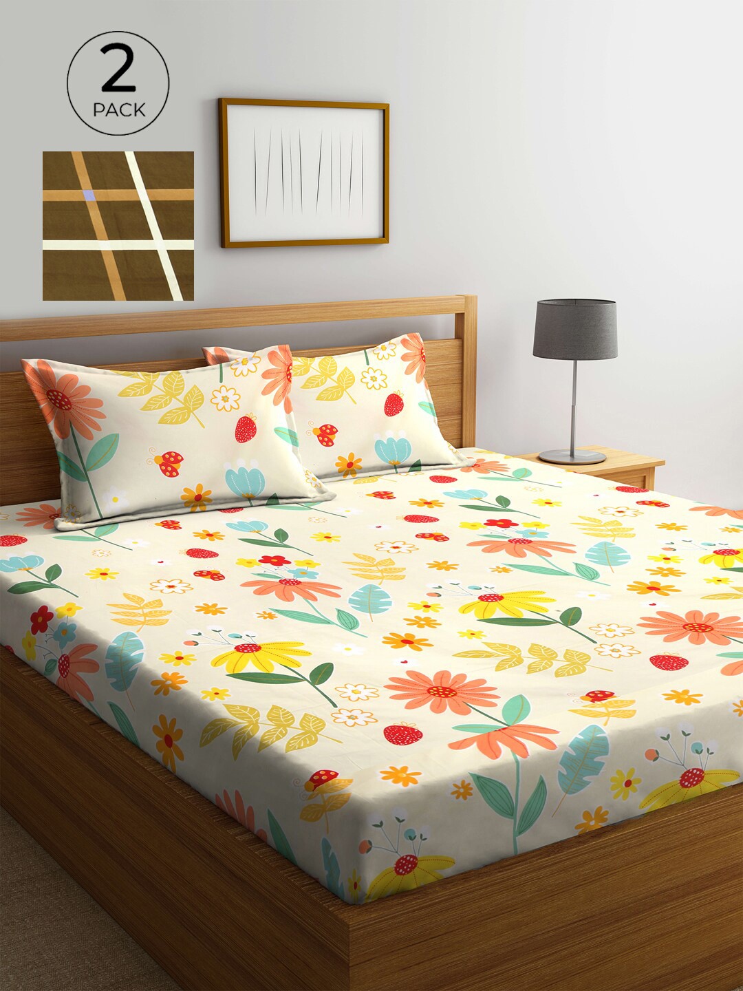

KLOTTHE Cream-Coloured & White 210 TC 2 King Bedsheet with 4 Pillow Covers