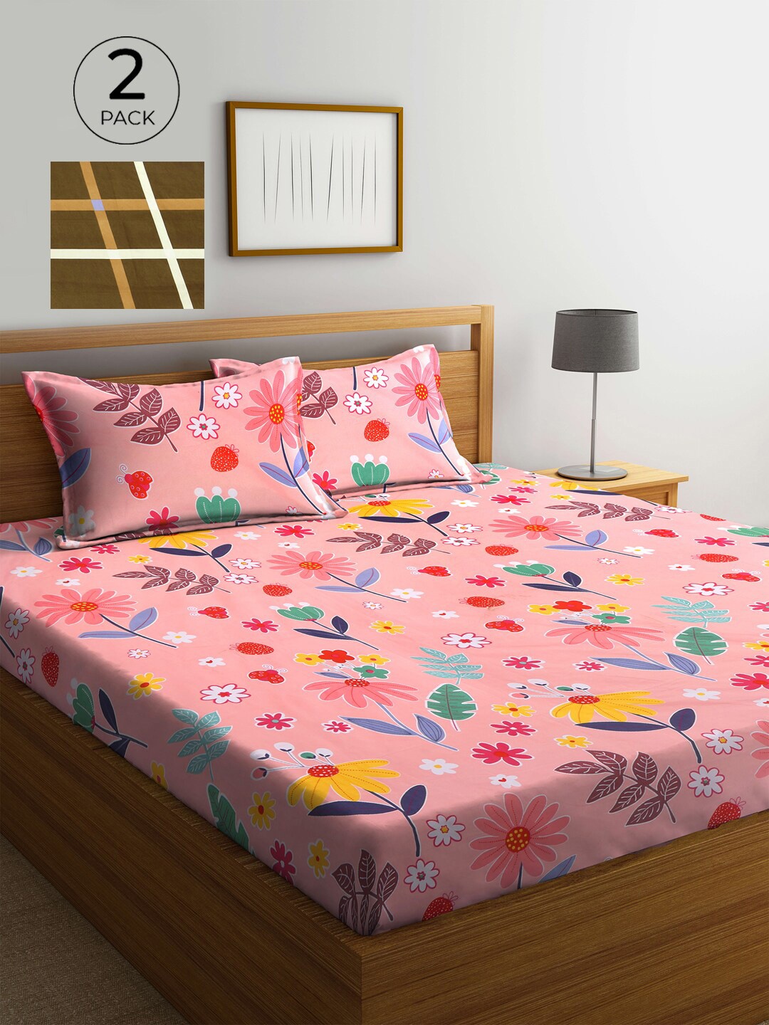 

KLOTTHE Brown & Pink 210 TC 2 King Bedsheet with 4 Pillow Covers