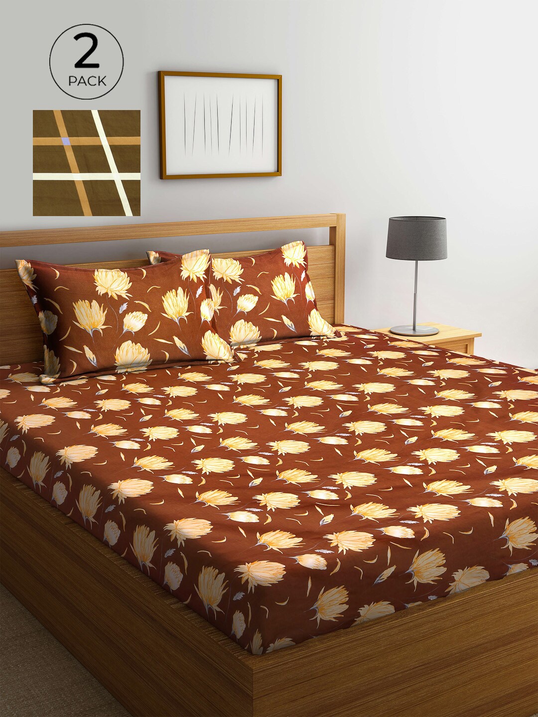 

KLOTTHE Brown & Yellow Floral 210 TC 2 King Bedsheet with 4 Pillow Covers
