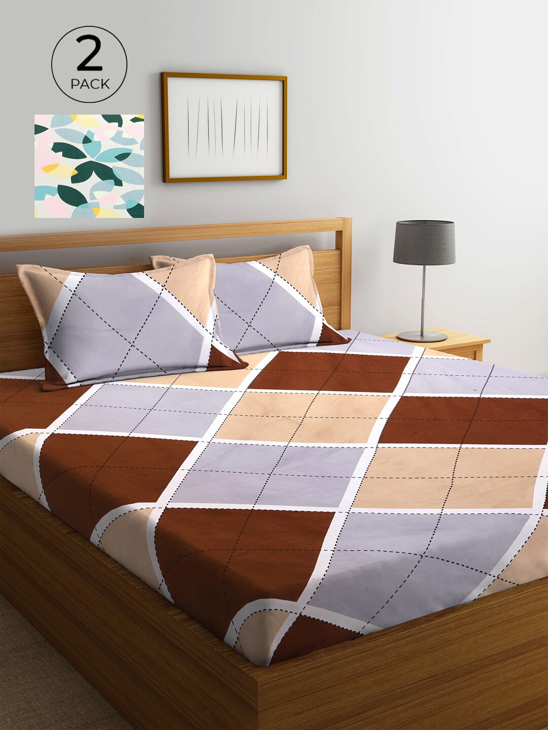 

KLOTTHE Grey & Brown Geometric 210 TC 2 King Bedsheet with 4 Pillow Covers