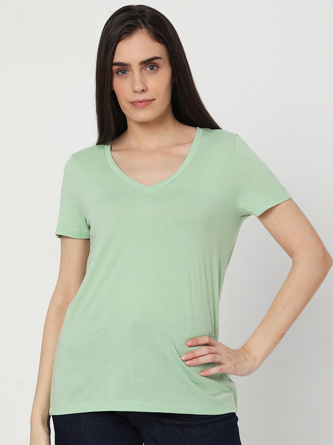

Vero Moda Women Green V-Neck Regular Fit T-shirt