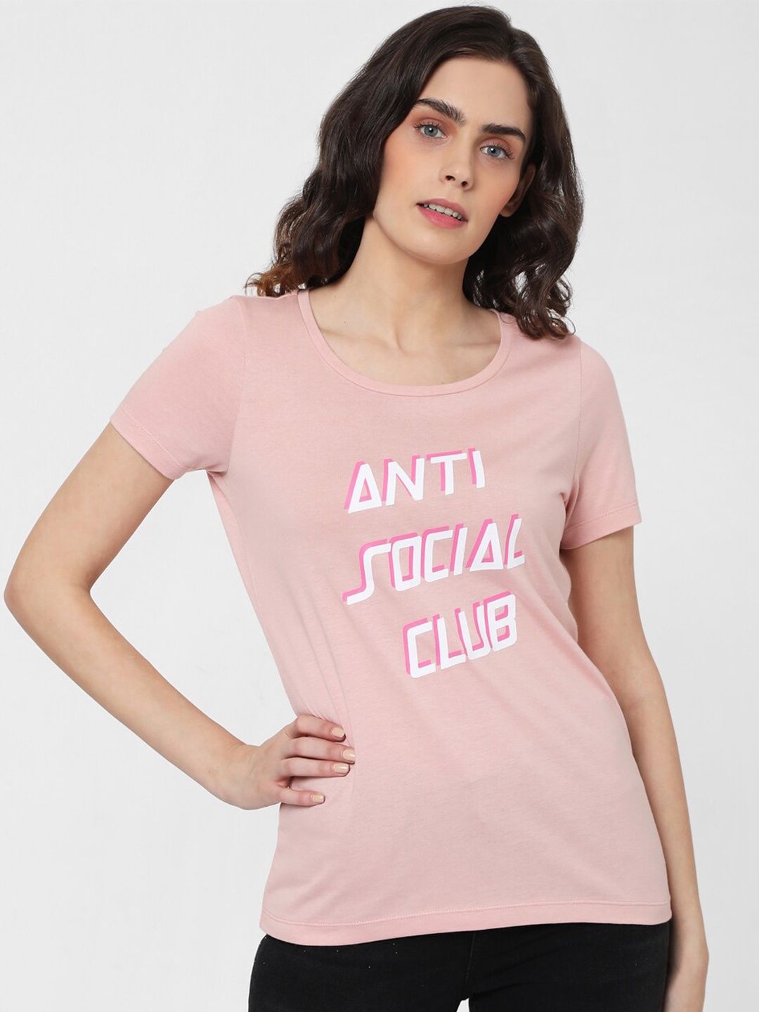 

Vero Moda Women Pink Typography Printed T-shirt