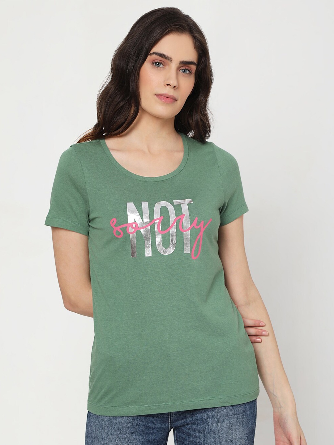 

Vero Moda Women Green Typography Printed T-shirt