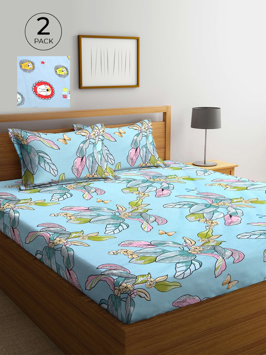 

KLOTTHE Multi Floral 210 TC Polycotton 2 Double Bedsheet with 4 Pillow Covers, Turquoise blue