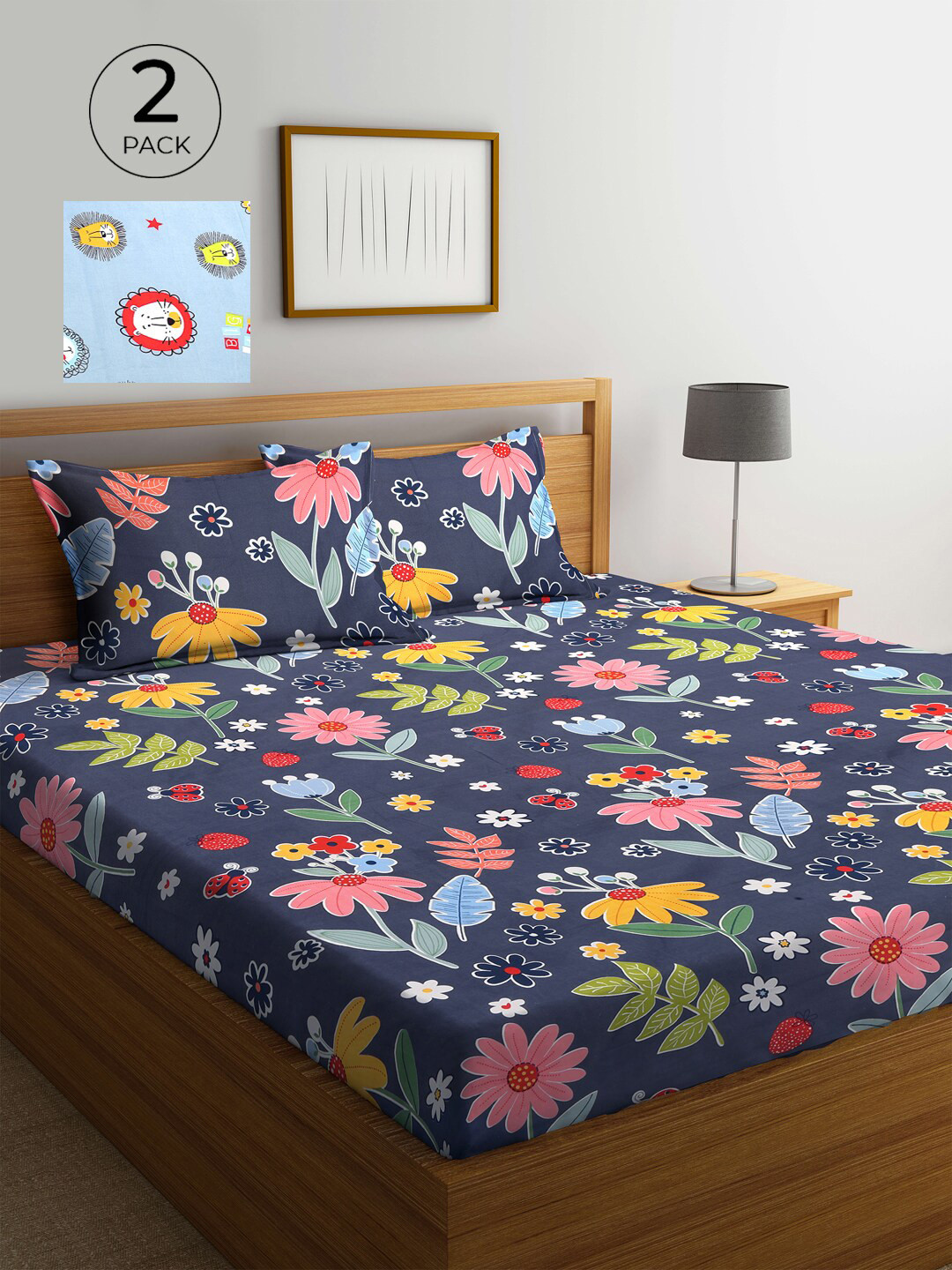 

KLOTTHE Multicoloured Floral 300 TC 2 Double King Bedsheet with 4 Pillow Covers, Navy blue