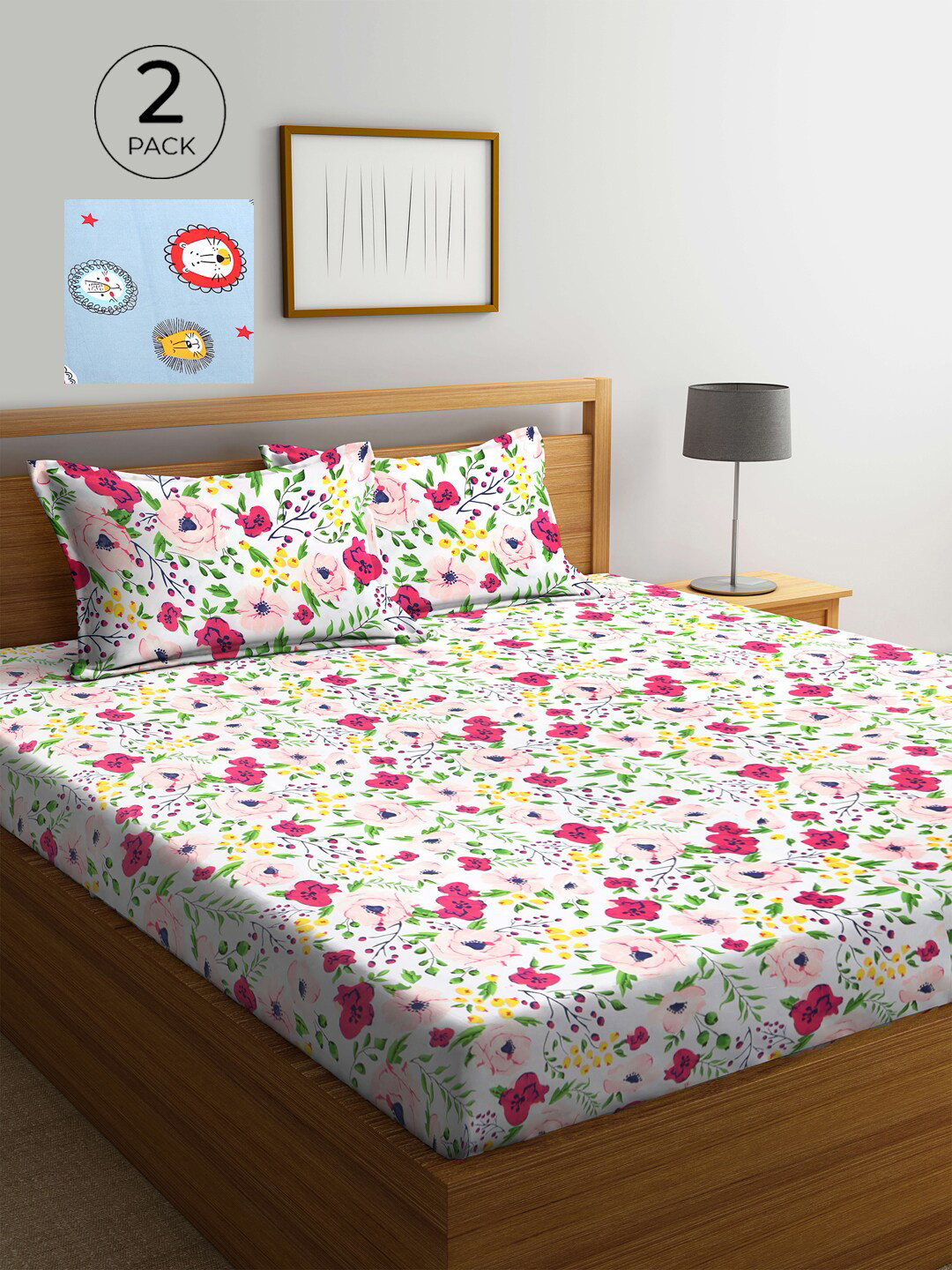 

KLOTTHE Floral 210 TC Polycotton 2 Double Bedsheet with 4 Pillow Covers, White