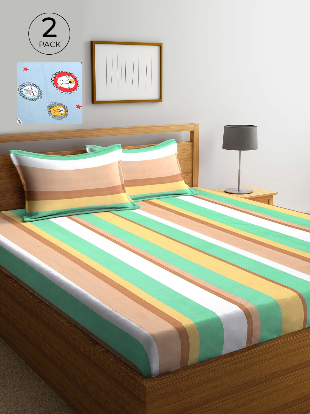 

KLOTTHE Striped 210 TC Polycotton 2 Double Bedsheet with 4 Pillow Covers, Green
