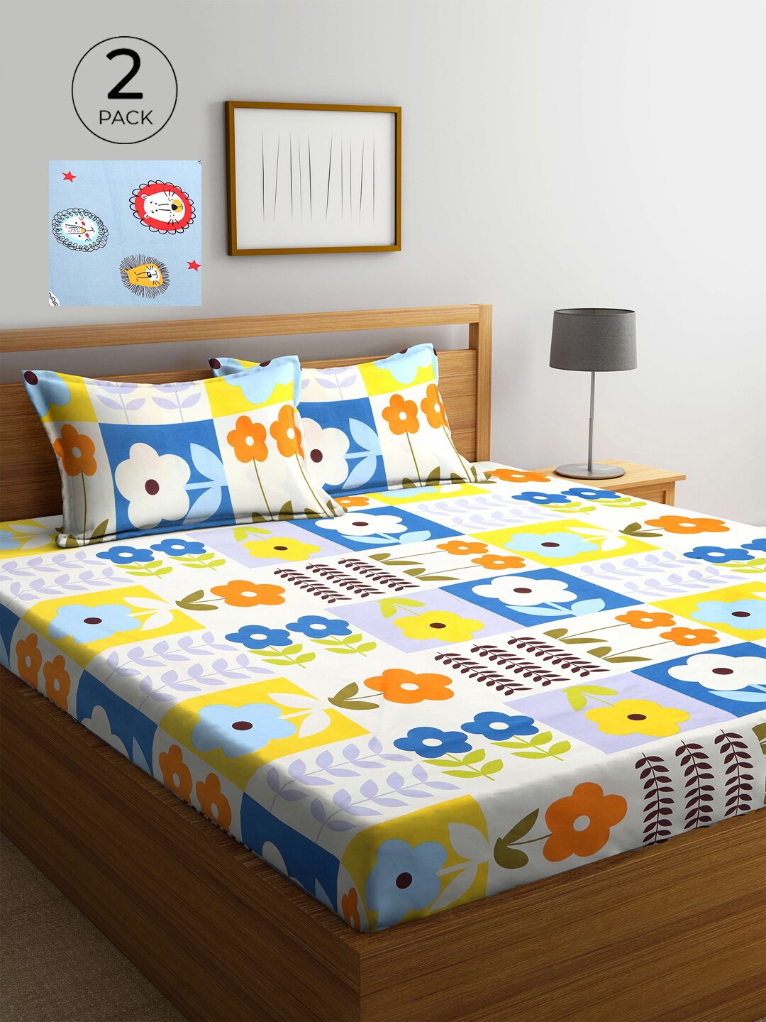 

KLOTTHE Floral 210 TC Polycotton 2 Double Bedsheet with 4 Pillow Covers, Turquoise blue