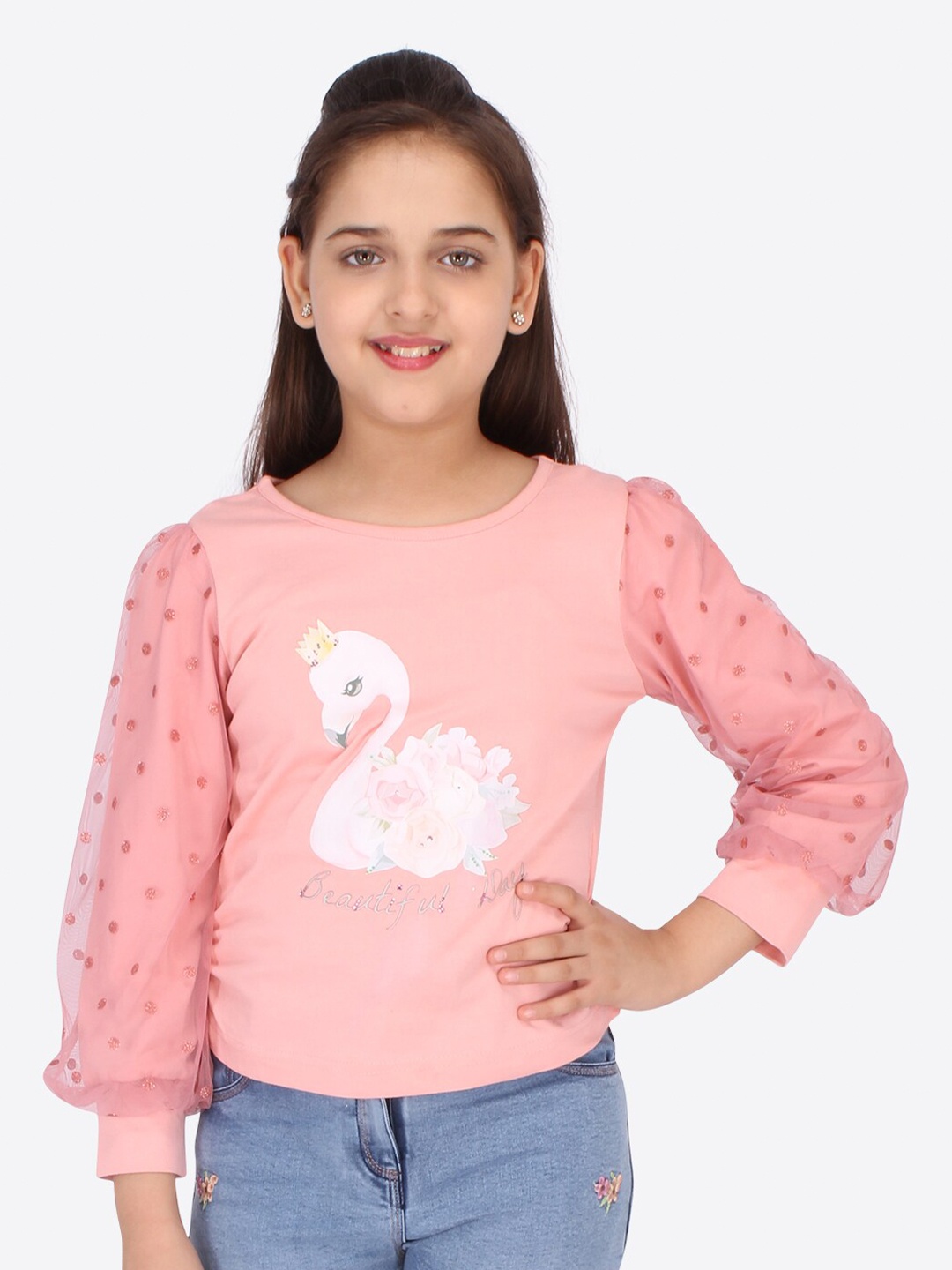 

CUTECUMBER Peach-Coloured Floral Regular Top