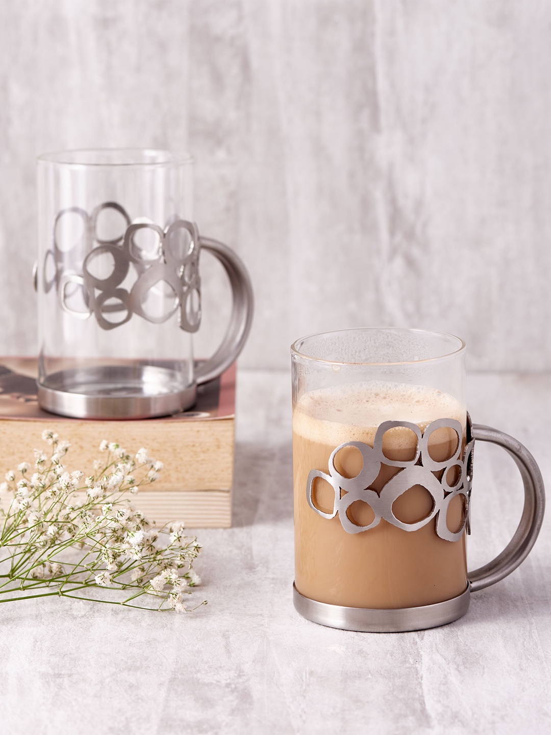 

ARTTDINOX Steel & Transparent Set Of 2 Printed Glass Transparent Mugs