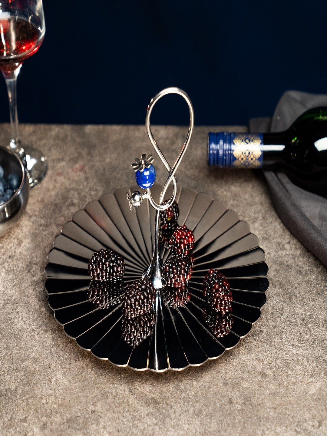 

ARTTDINOX Steel-Toned Etched Blue Lapi Lazulli Embellished Stainless Steel Poppy Pole Platter