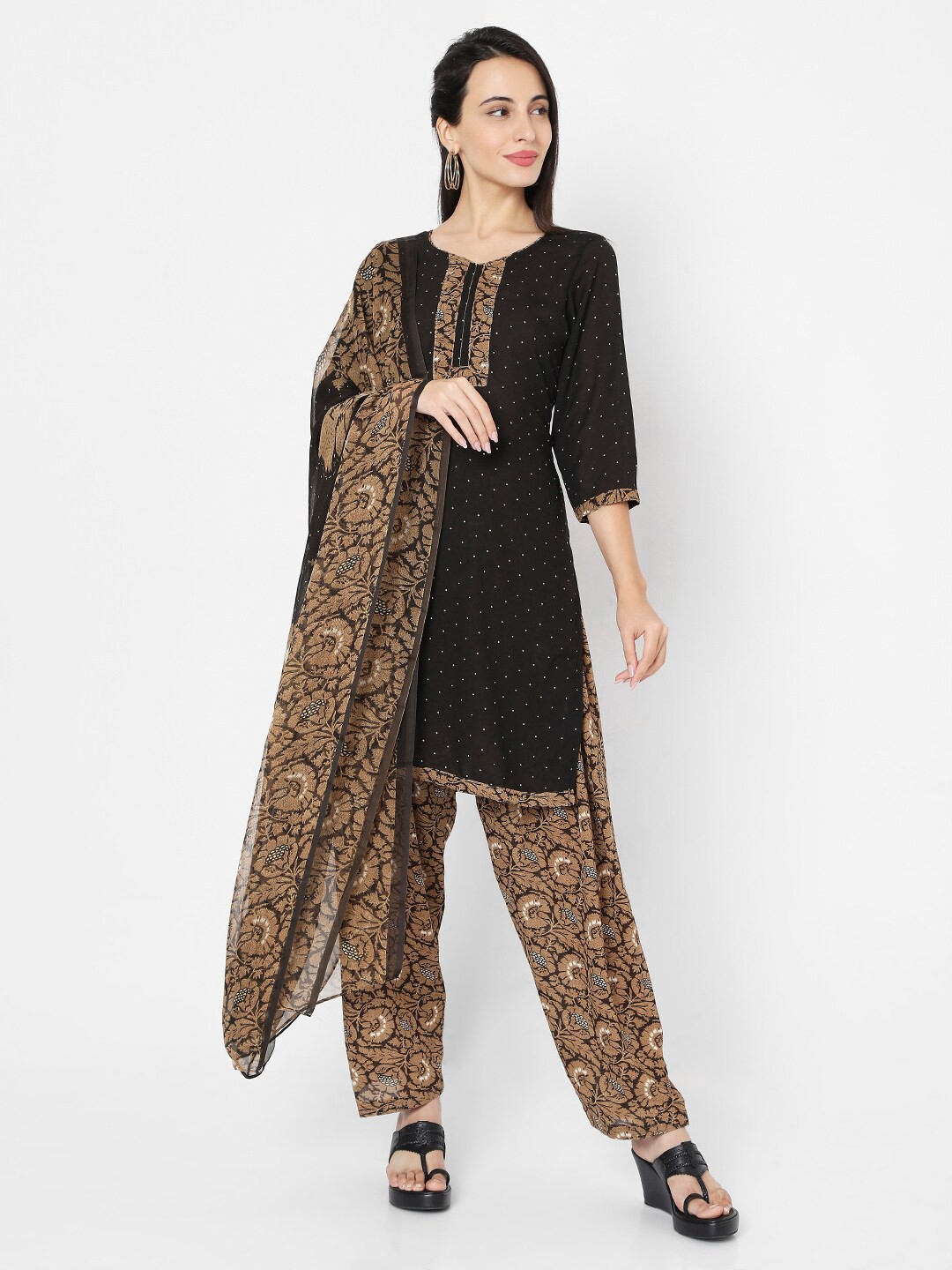 

SALWAR STUDIO Black & Brown Printed Unstitched Dress Material