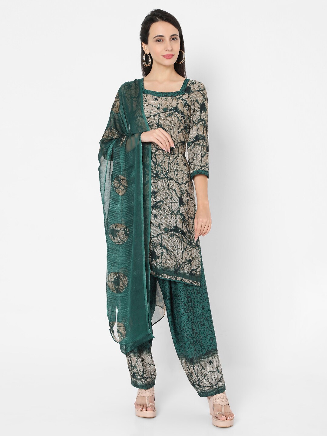 

SALWAR STUDIO Green & Beige Printed Unstitched Dress Material