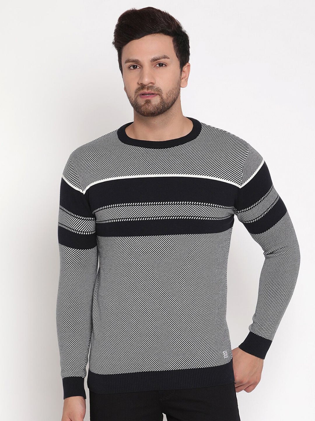 

METTLE Men Navy Blue & White Striped Pullover Sweater