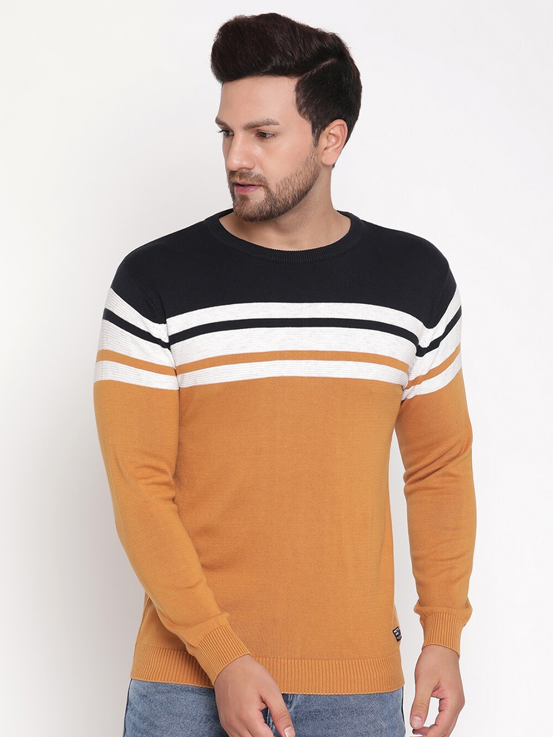 

METTLE Men Mustard Yellow & White Striped Pullover