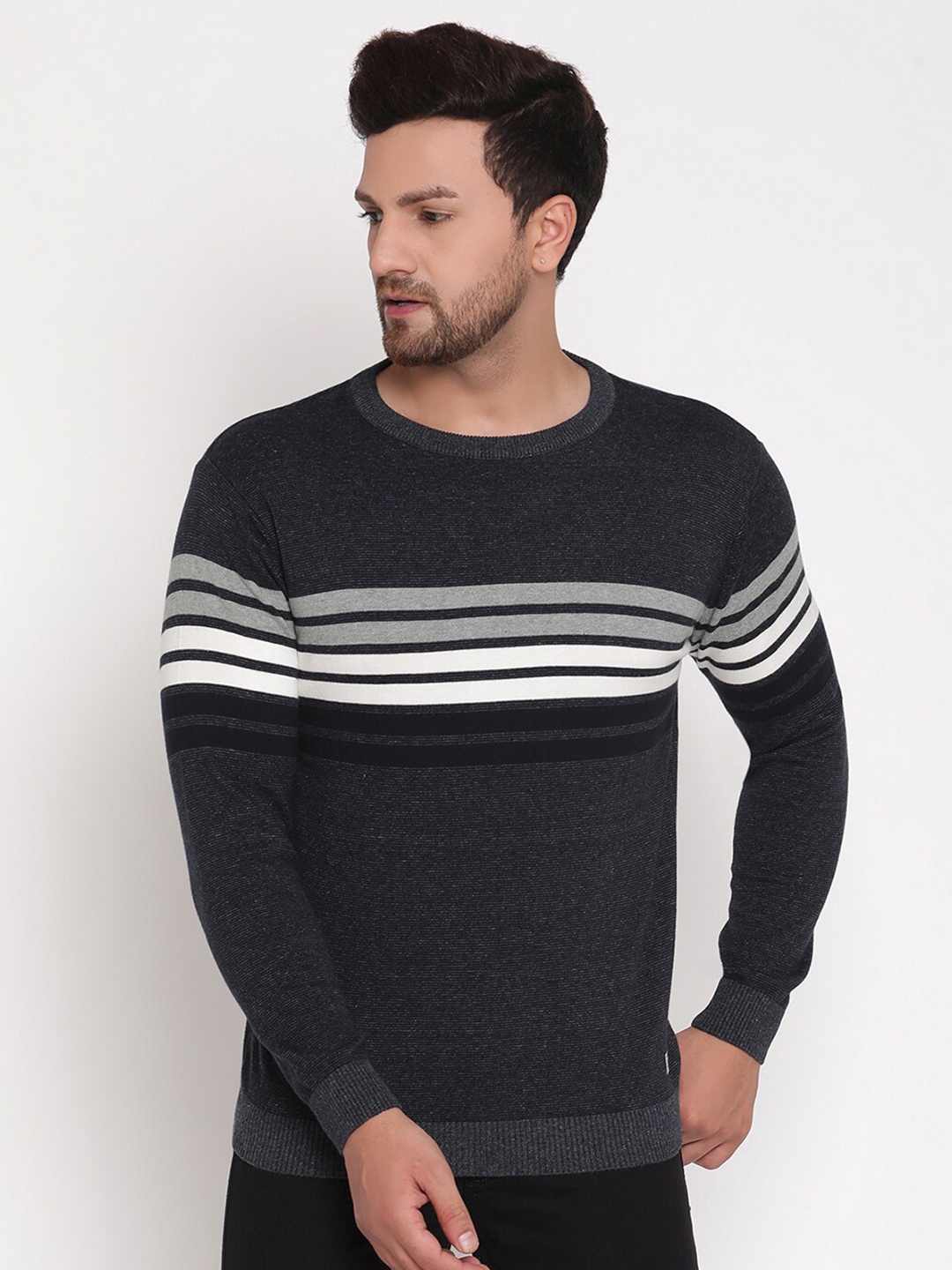 

METTLE Men Grey & White Striped Pullover