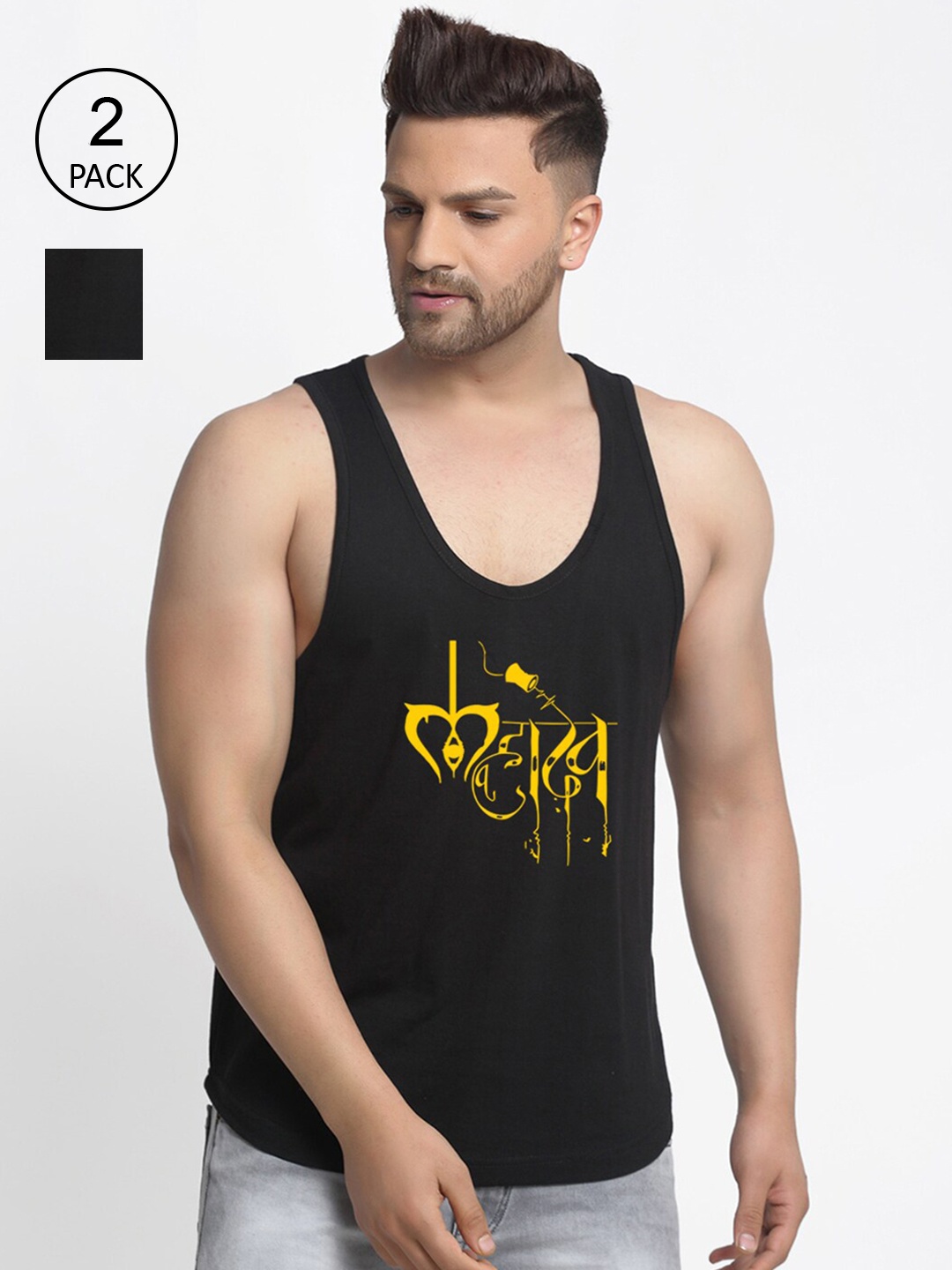 

Friskers Men Pack Of 2 Printed Drop Cut Pure Cotton Gym Vests C1-01-C234-01, Black