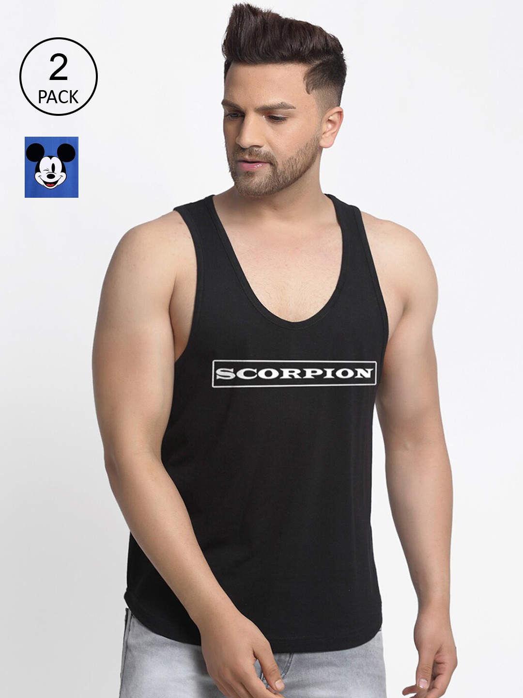 

Friskers Men Pack Of 2 Printed Drop Cut Pure Cotton Gym Vests C31-05-C204-01, Blue