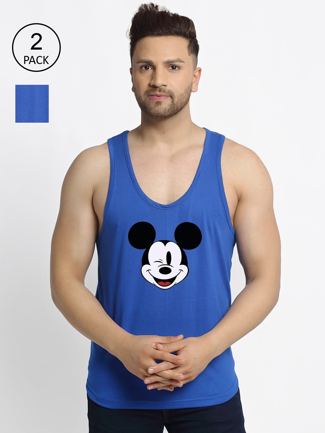 

Friskers Men Pack Of 2 Printed Drop Cut Pure Cotton Gym Vests, Blue