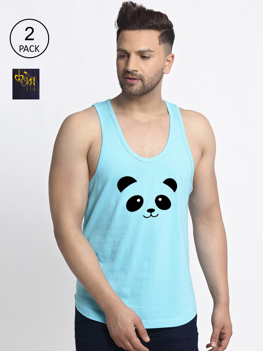 

Friskers Men Pack Of 2 Printed Pure Cotton Drop Cut Innerwear Vests, Navy blue