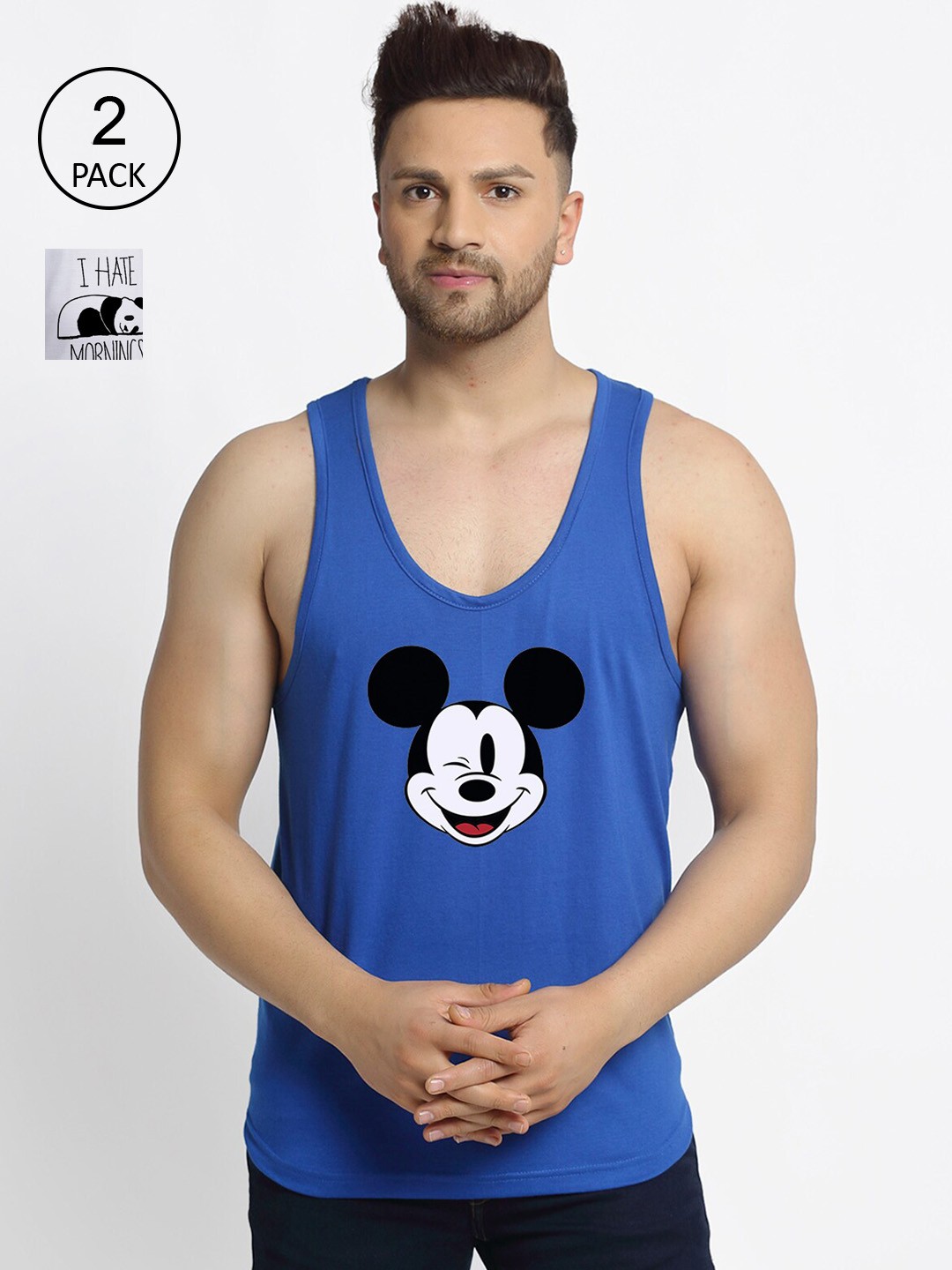 

Friskers Men Pack Of 2 Printed Pure Cotton Drop Cut Innerwear Vests, Blue